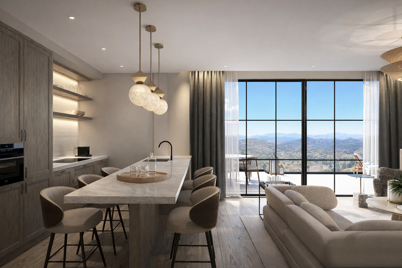 Luna Nova Residences – Leiligheter – Guaro - åpent kjøkken og stue med panoramautsikt over fjellene