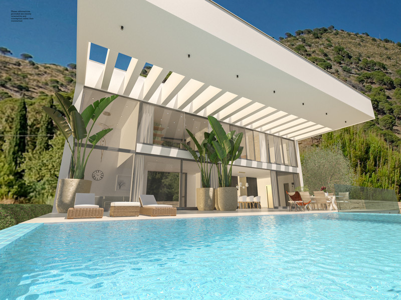 BV 11 – Mijas - moderne villaeksteriør med infinitybasseng, overdekket terrasse og tropiske planter mot skogkledd åsside