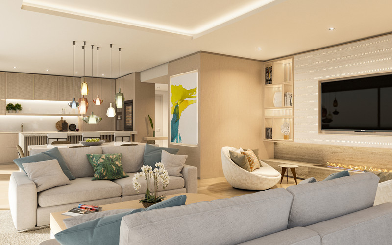 Ocean View Marbella – Ojén - åpen stue med lyse sofaer, pendelbelysning og innebygd TV-vegg
