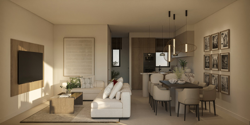 Palm Luxury Gardens – Estepona - åpen stue og spisestue med hvit sofa, mørkt spisebord og pendellamper