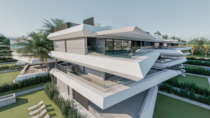 Palm Residences – New Golden Mile - moderne flernivås luksusvillaeksterior med utkragede terrasser og velstelte hager