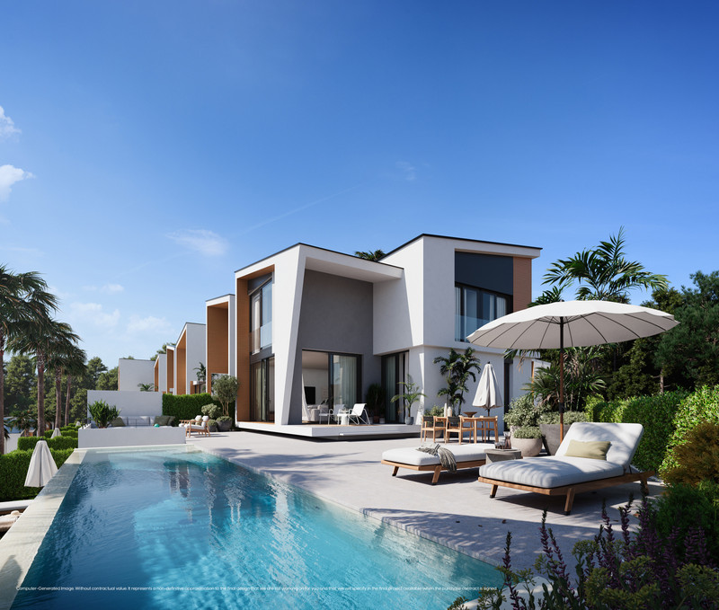 PINE VALLEY VILLAS – El Chaparral - modern white villa exterior with private pool, sun loungers and lush garden
