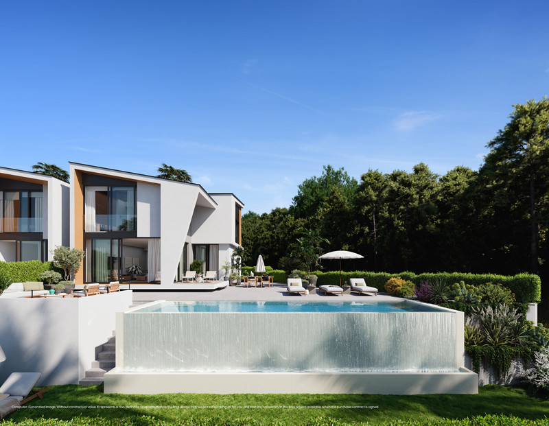 PINE VALLEY VILLAS – El Chaparral - modern villa exterior with infinity overflow pool, waterfall feature, sun terraces and lush garden landscaping