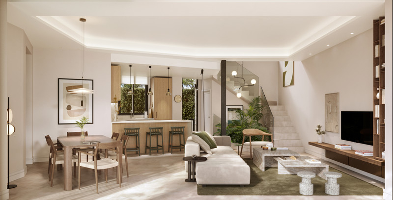 Portugal 2 – Málaga Este - open-plan living, dining and kitchen with staircase and natural tones