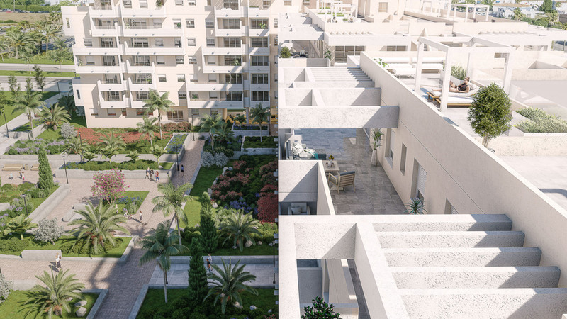 Residencial Albatros XV – Marbella - luftutsikt over terrasserte tak, grønne hager og palmeflankerte gangveier