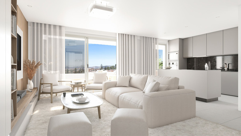 RESIDENCIAL COTO HOMES – Mijas - lyst stue med åpen kjøkkenløsning, stor sofa og panoramautsikt mot hagen
