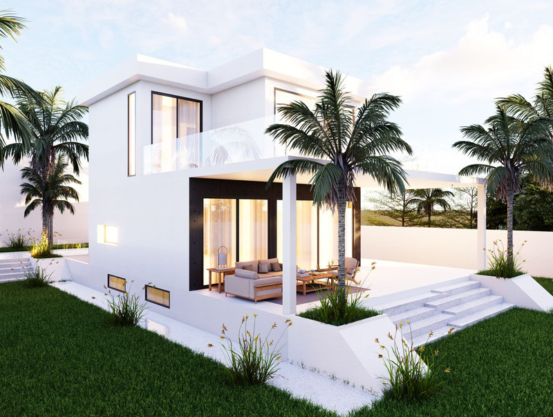 Sakura – Valle Romano - moderne hvit toetasjes villa med palmetrær, overdekket terrasse og velstelt hage