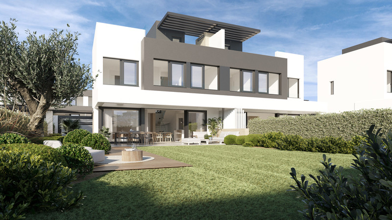 Serene Atalaya – Phase 1 – Atalaya - modern white two-storey villa exterior with lush garden, terrace and large glazed doors