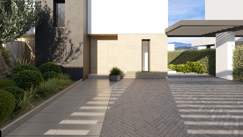 Serene Atalaya – Phase 2 – Atalaya - moderne inngangsparti med mursteinoppkjørsel, velstelt hage og pergola-carport