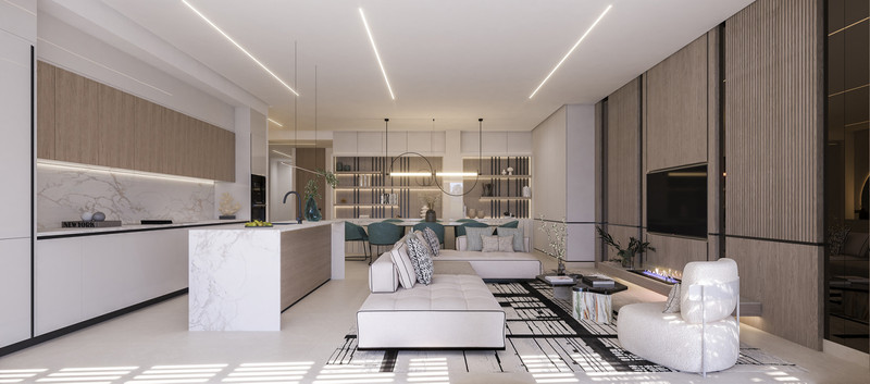 Solenne – Benahavís - open-plan living room and kitchen with marble island, linear ceiling lighting, and elegant neutral furnishings