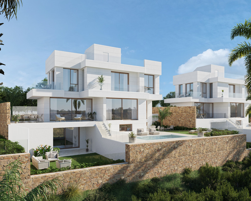 Swing and Sea Villas – Estepona - moderne hvit eksteriør med basseng, terrasser og velstelt hage