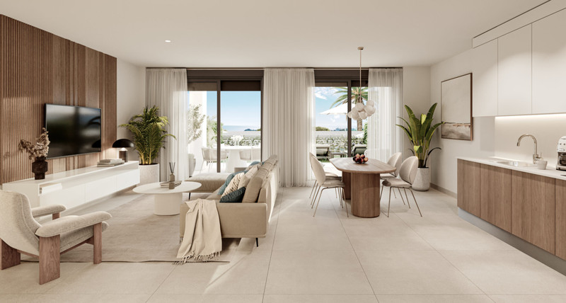 Symphony Suites II – Cancelada - åpen stue, spiseplass og kjøkken med terrasse og sjøutsikt