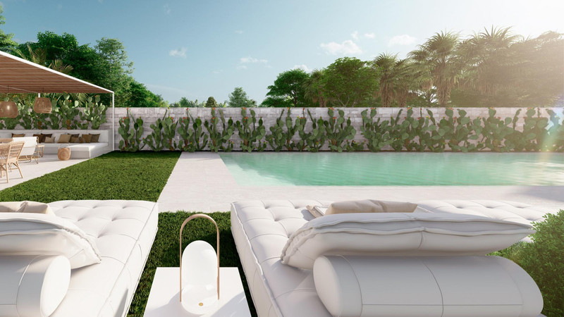 Terrazas de Guadaiza II – Nueva Andalucía - luxury outdoor pool area with white sun loungers, cactus garden wall and palm trees