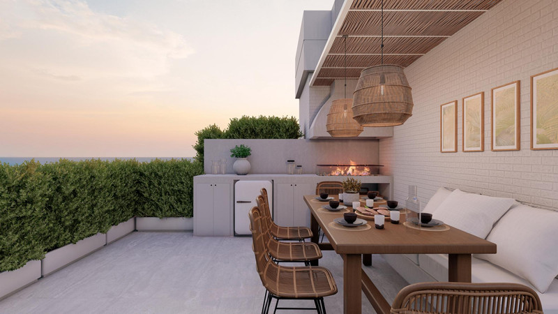 Terrazas de Guadaiza II – Nueva Andalucía - rooftop terrace with outdoor kitchen, dining area, rattan pendant lights and sea views at sunset
