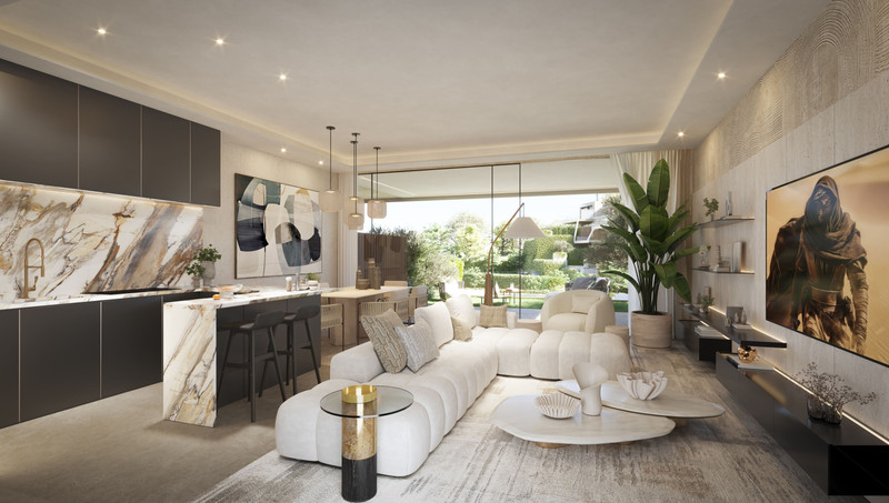 The Valley – Elviria – Elviria - åpen stue og kjøkken med marmorbord, hvit sofa og utsikt mot hagen