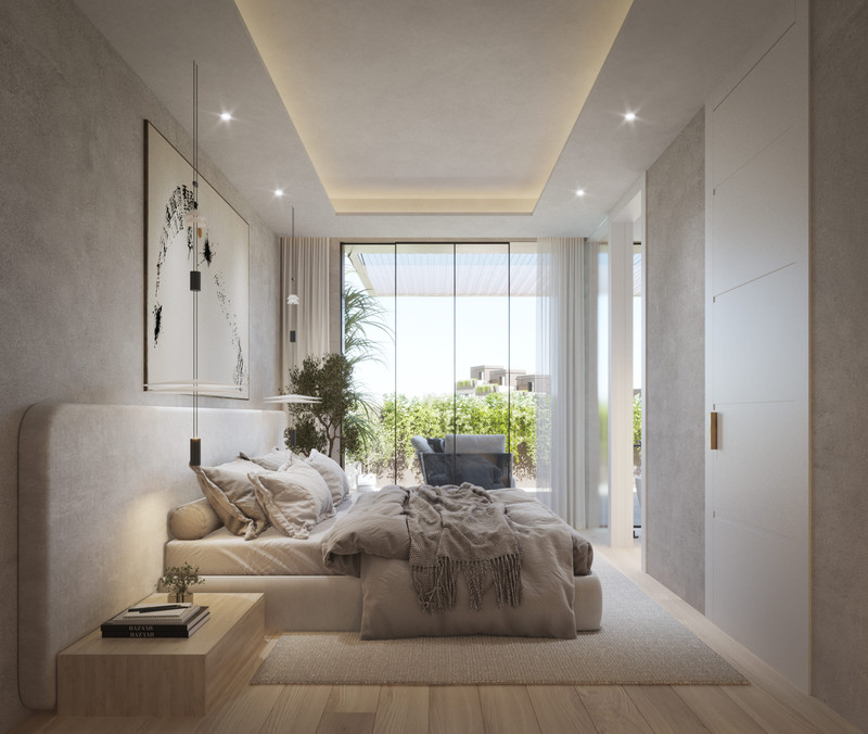 The Valley – Elviria – Elviria - luksuriøst soverom med gulv-til-tak glassdører, nøytrale toner og utsikt mot hageterrassen