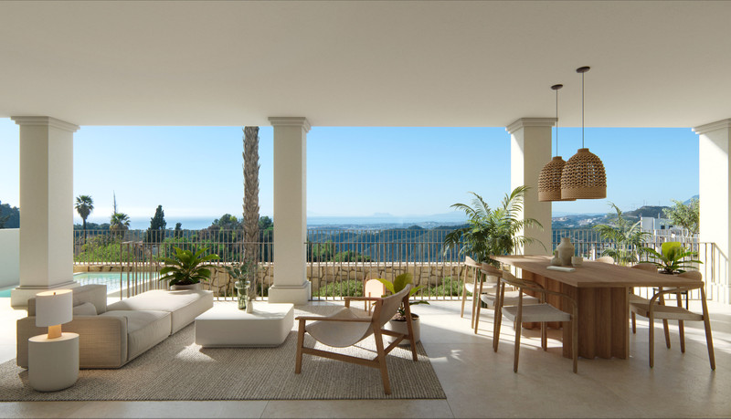 The Views Residences – Istán - open-plan terrace living and dining area with panoramic sea and mountain views