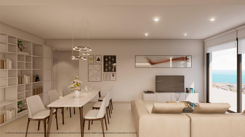 Top Views – Benalmadena - åpen stue og spisestue med sjøutsikt og moderne pendelbelysning