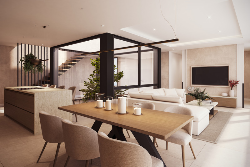 Villa Ainoa – La Cala Golf - åpen stue-, spise- og kjøkkenløsning med trebord og moderne trapp