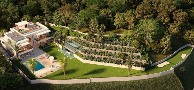 Villa Awa – Elviria - flyfoto av eksklusiv nybyggvilla med basseng, terrasserte hager og putting green