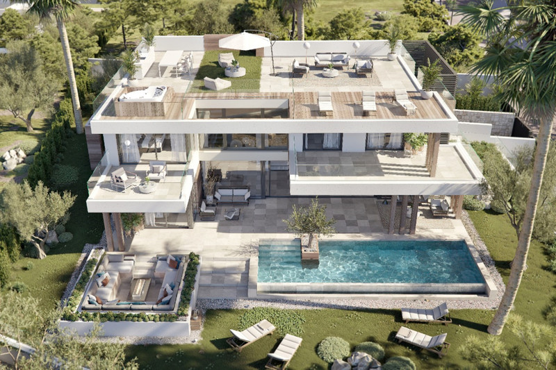 VILLA AZAHAR Europa Golf – La Cala Golf - luftfoto av moderne luksusvilla med takterrasse, uendelighetsbasseng og velstelte hager