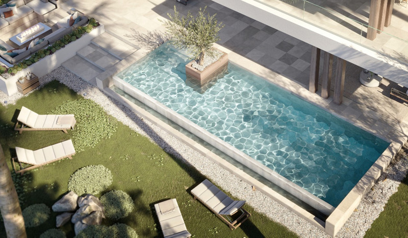 VILLA AZAHAR Reserva Golf – La Cala Golf - fugleperspektiv av privat basseng med treplanter, solstoler og hage