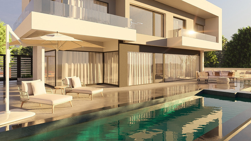 Villa en Mijas – KEY READY! – Riviera del Sol - modern exterior with infinity pool, sun loungers and panoramic glazed facade