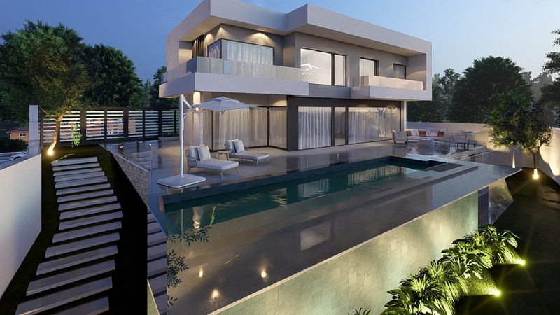 Villa en Mijas – KEY READY! – Riviera del Sol - modern luxury villa exterior with infinity pool and illuminated terrace at dusk