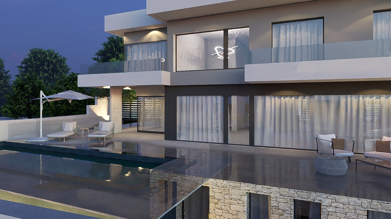Villa en Mijas – KEY READY! – Riviera del Sol - modern luxury exterior with infinity pool and illuminated terrace at dusk