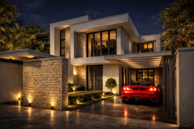 Villa Entrelagos II – La Cala Golf – luksuriøs moderne villaeksterior om natten med rød Ferrari i carport