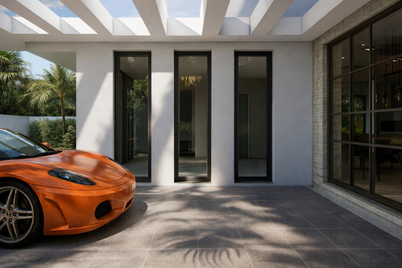 Villa Entrelagos II – La Cala Golf – overdekket porte-cochère med oransje sportsbil og høye glassdører