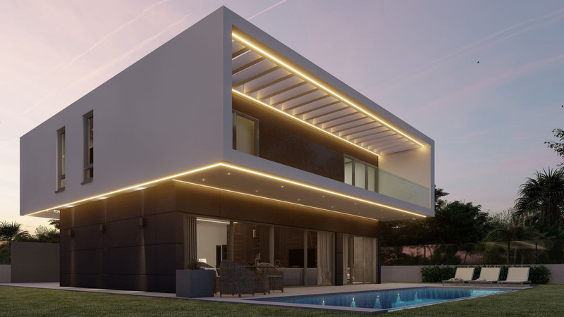Villa Irıs – Benalmadena - moderne fasade med LED-stripbelysning og svømmebasseng i skumringen