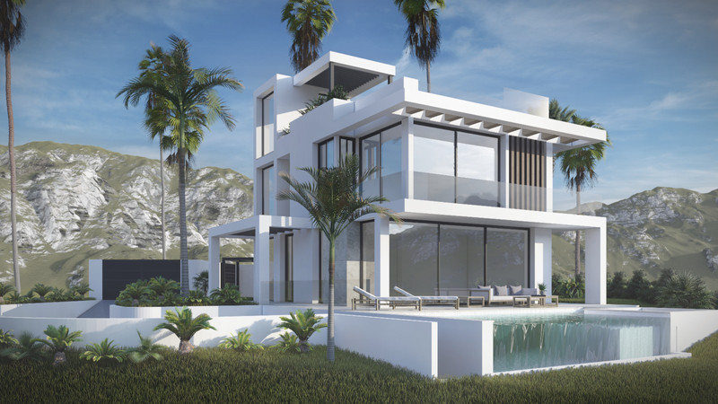 Villa Murmullo – Estepona - moderne hvit luksusvilla med uendelighetsbasseng, palmer og fjell i bakgrunnen