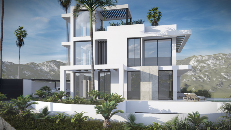 Villa Murmullo – Estepona - moderne hvit treetagevilla med takterrasse, store glassfasader og tropisk hage mot fjell
