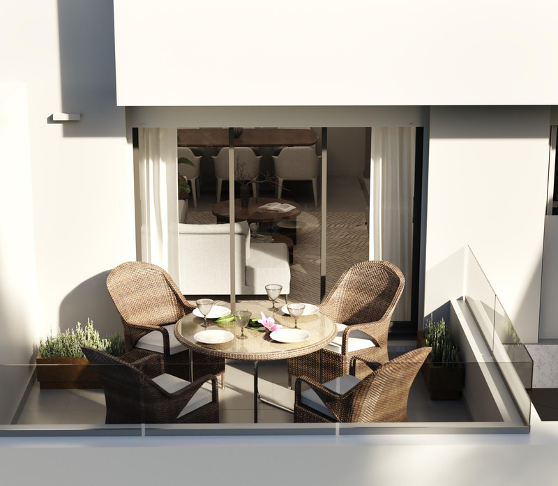 Vistanova 6 – Antequera - privat terrasse med kurvmøbler, rundt bord og glassrekkverk