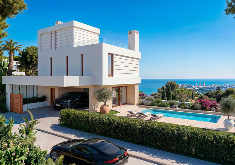 Almara Villas – Fuengirola - modern white villa exterior with pool, landscaped garden and sea views