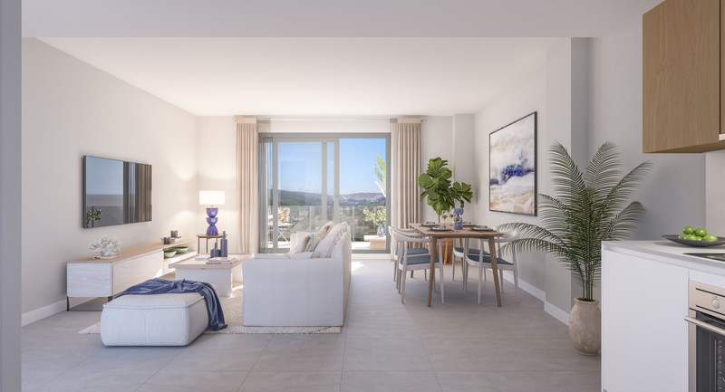 Alonia – Manilva - bright open-plan living and dining area with floor-to-ceiling glass doors and mountain views