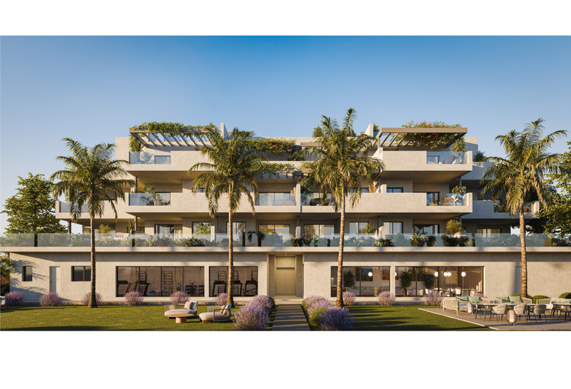 Alura Living – Casares - modern exterior facade with palm trees, landscaped gardens, and rooftop terraces