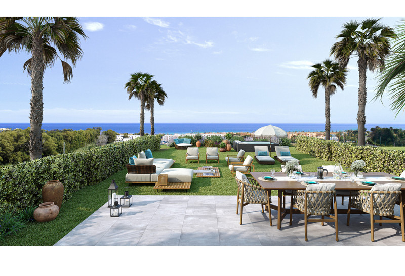 Alura Living – Casares - landscaped terrace and garden with palm trees, outdoor dining, lounge seating and sea views
