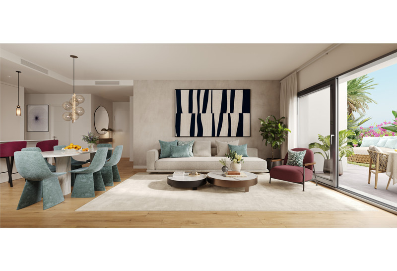 Alura Living – Casares - open-plan living and dining area with teal chairs, neutral sofa, and terrace access