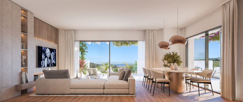 Amaranta Living – Casares - åpen stue og spisestue med panoramautsikt fra terrassen og naturlig lys