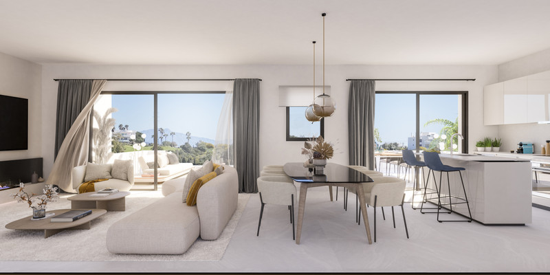 Attire Estepona – Estepona - lys åpen stue og spisestue med gulv-til-tak vinduer og havutsikt