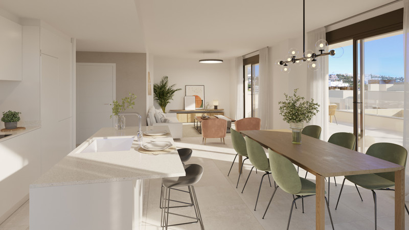 Bayside Homes – Estepona - åpen kjøkken- og stueløsning med stor terrasse og sjøutsikt