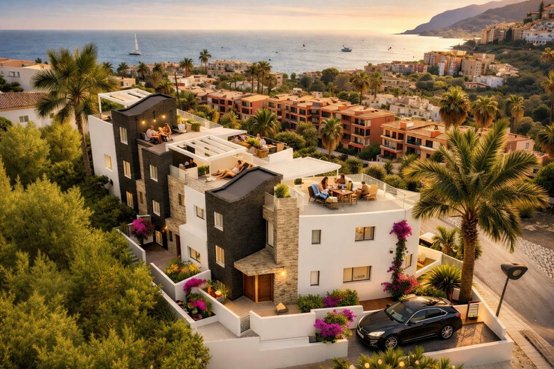 Bougaivillea Rosa – Torreblanca - aerial view of modern luxury exterior with rooftop terrace, bougainvillea gardens and sea views at golden hour