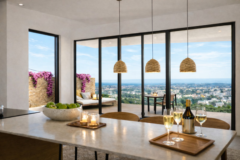 Bougaivillea Rosa – Torreblanca - dining area with panoramic city views, wine on marble counter and wicker pendant lights