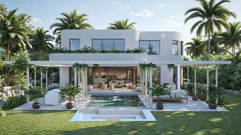 Can Cayú – Marbesa - moderne hvit villaeksteriør med basseng, pergola, tropisk hage og palmetrær