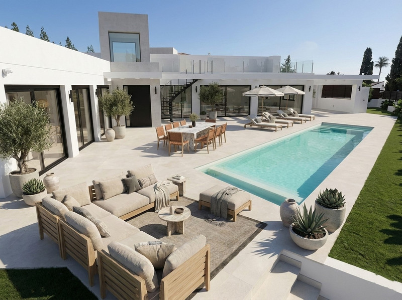 Chaparral Sunset Villas – El Chaparral - luxury outdoor terrace with pool, lounge seating and dining area
