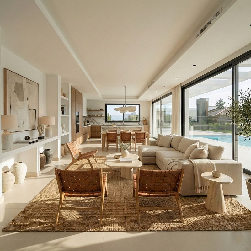 Chaparral Sunset Villas – El Chaparral - sun-drenched open-plan living room with sectional sofa, woven leather chairs, jute rug, and pool views