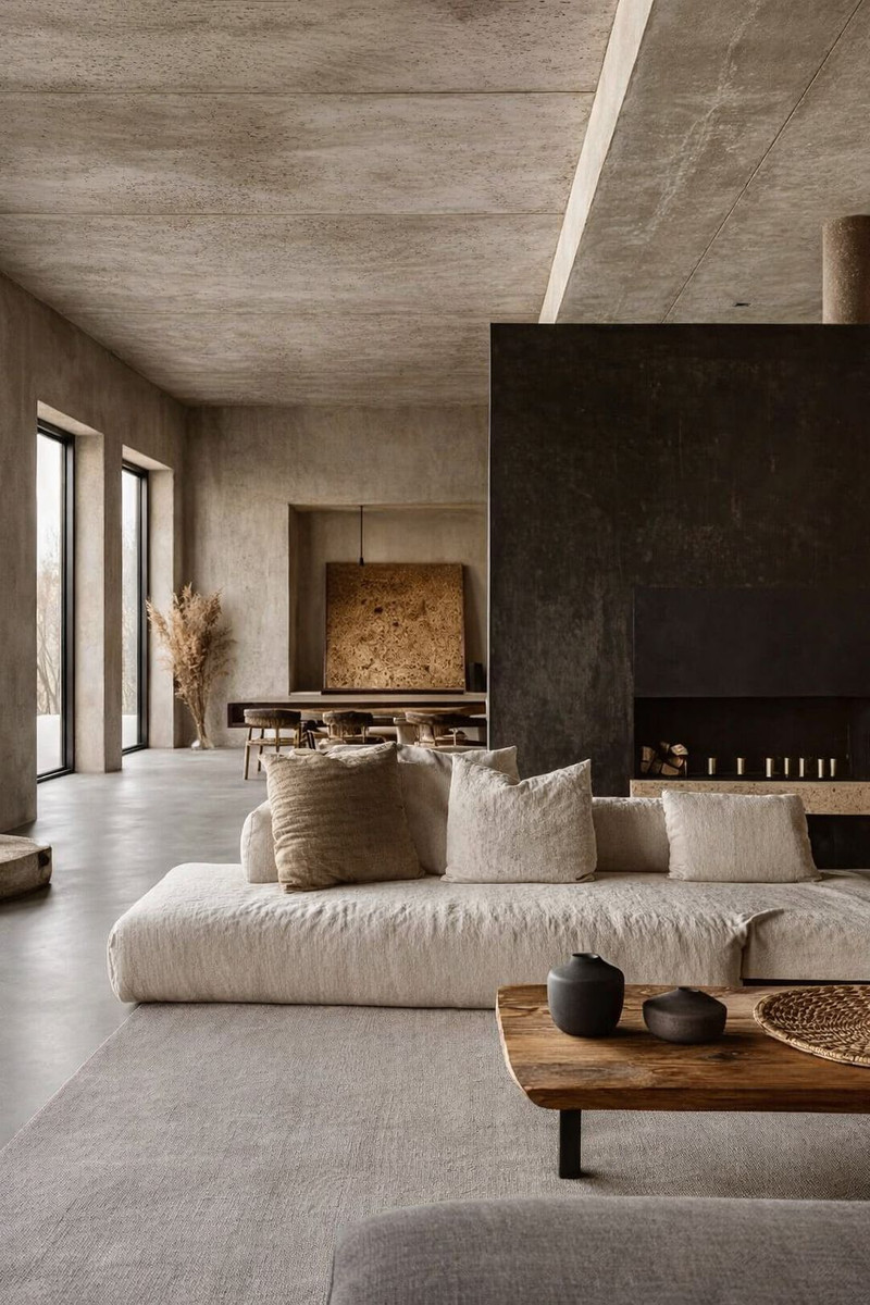 Elegance – Turnkey – Nueva Andalucía - minimalistisk åpen stue med betongtak, kremsofa, mørk peisvegg og rustikt trebord