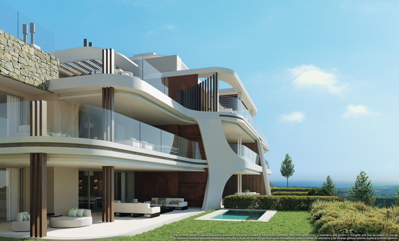Enebros Fase 1 – Benahavís - contemporary curved facade with glass balconies, outdoor terrace, swimming pool and landscaped garden